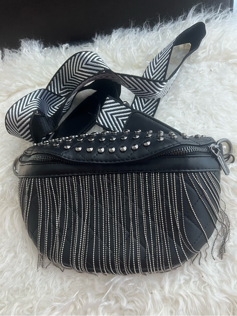 Black Stud & Chain Fringe Crossbody Bag with Chevron Strap